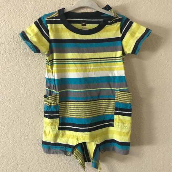 Tea Striped Short Sleeve Romper in Yellow & Green - Size 9-12 Months - Picture 1 of 3